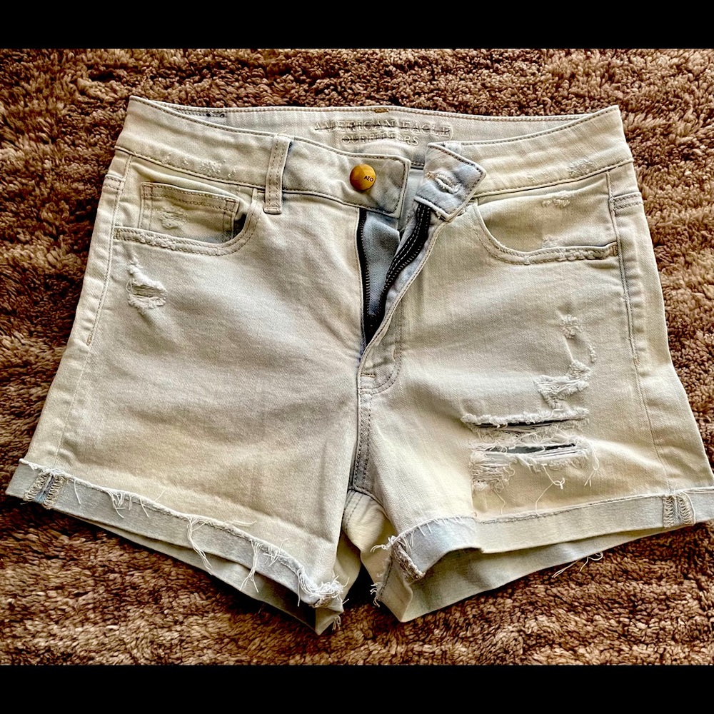 American Eagle light wash hi rise shortie jean shorts